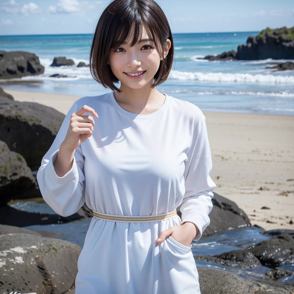 Highest quality,a girl, one girl,solo focus,4K,8K,Realistic,Japanese women,一人のJapanese women,26 years old,Clear,kind,Beautiful eyes,smile,smaile,teeth,Light blonde short cut,Large Breasts,e cup bust,healthy,positive,Very detailed,Winter casual outfit,The background is the sea,Beach