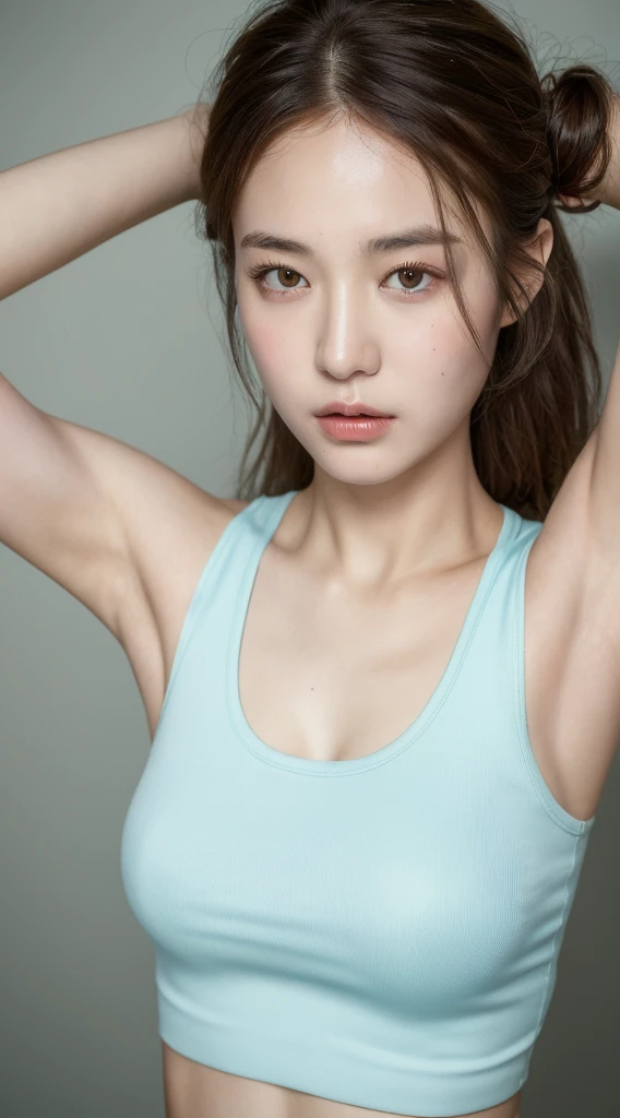 ((Best quality, 8k, Masterpiece :1.3)), 1girl, Pretty woman with emphasizing slender abs :1.3, (random hairstyles :1.2), Oversized tank top :1.2, Ultra-detailed face, Detailed eyes, Double eyelid, armpit