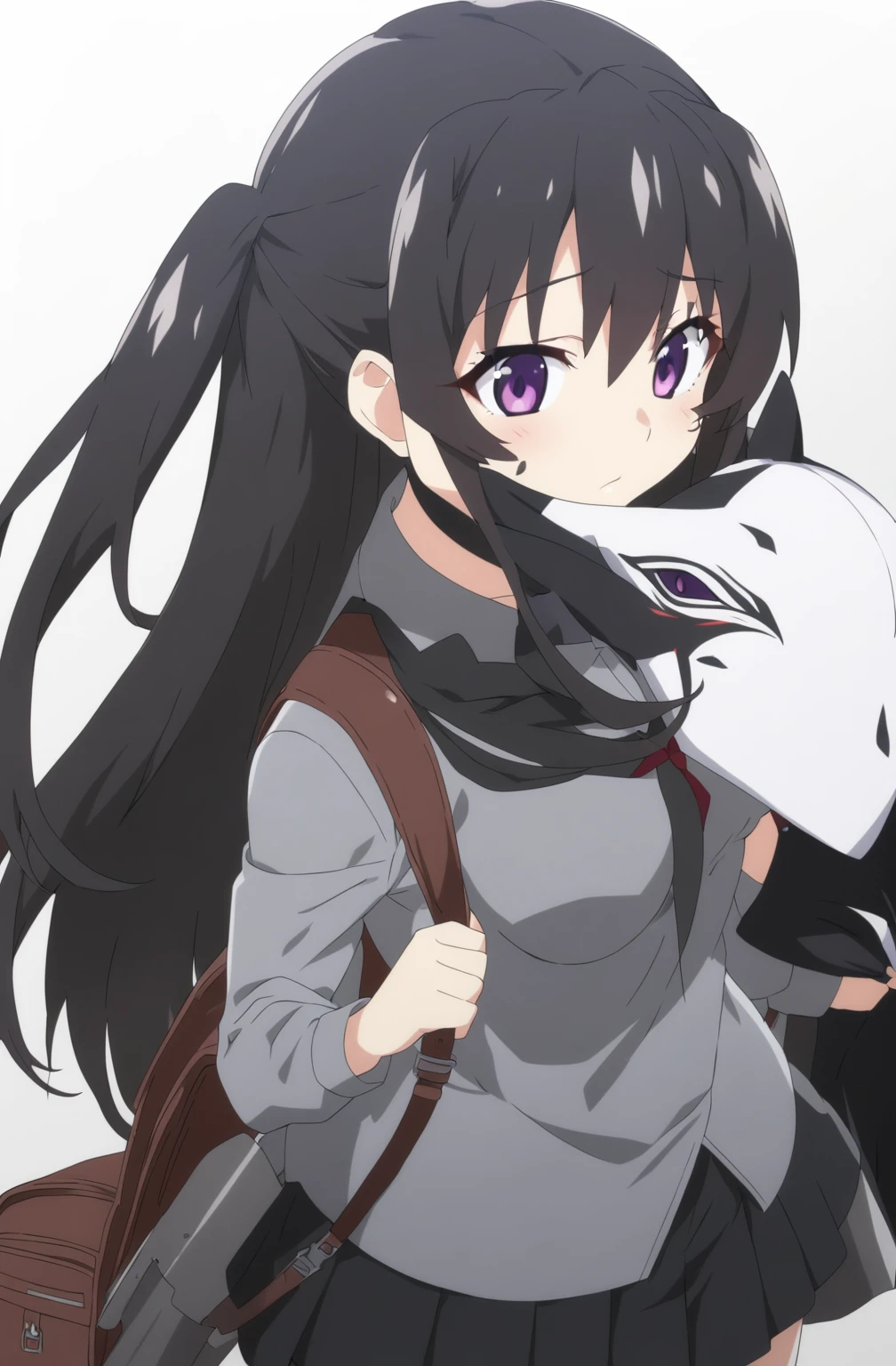 anime girl with a backpack and a mask on her face, purple eyes, anime moe artstyle, cute anime waifu in a nice dress, anime visual of a cute girl, beautiful anime high school girl, gray shirt, short skirt, anime girl with long hair, long straight hair, high quality anime artstyle, from girls frontline, anime style 4k, mature anime girl, anime girl wearing a black dress, kantai collection style,black shiny hair, normal breast