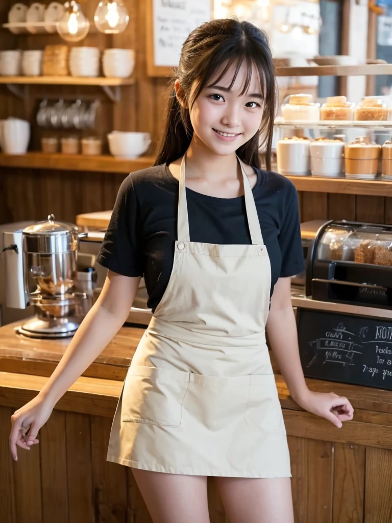 18-year-old girl working at a quiet cafe, wearing an apron and miniskirt A little smile