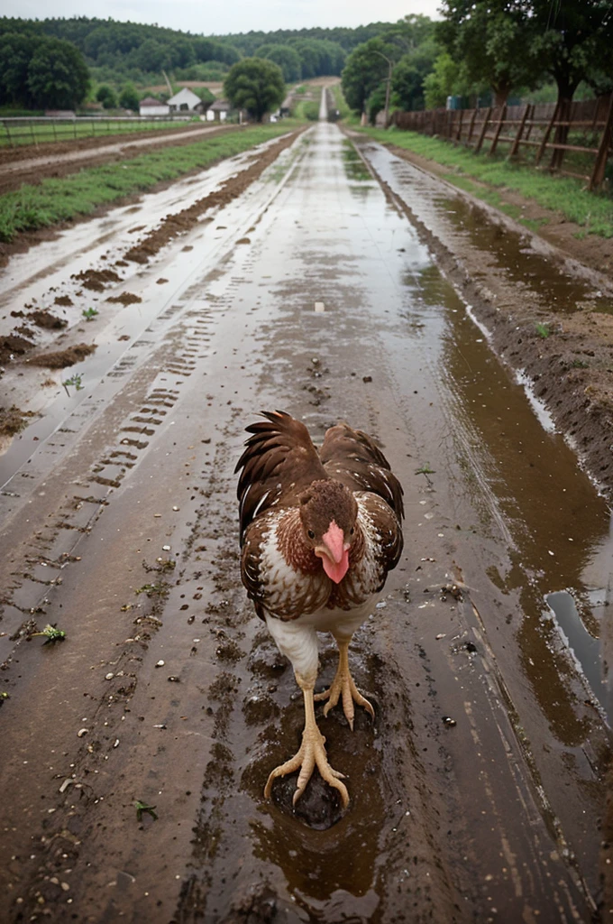 Lovely , when it rains. Run after the chicken, on a muddy dirt road, with a rural background