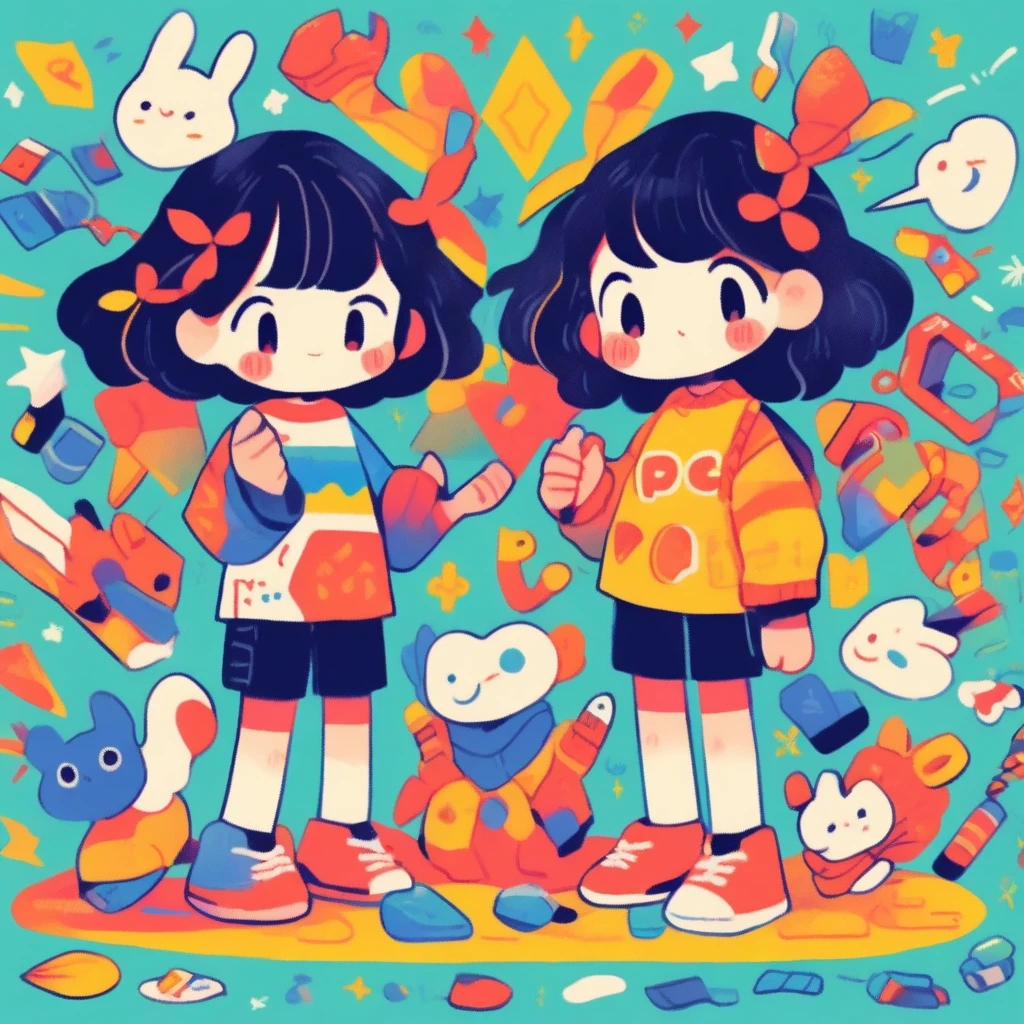 cartoon of kids playing rock paper scissors, male and female, 2 d gouache illustration, 2 d illustration, 2d illustration, official art, colorful kids book illustration, kids book illustration, inspired by Goro Fujita, promotional art, illustration for children, by Choi Buk, by Murakami, 2d digital illustration