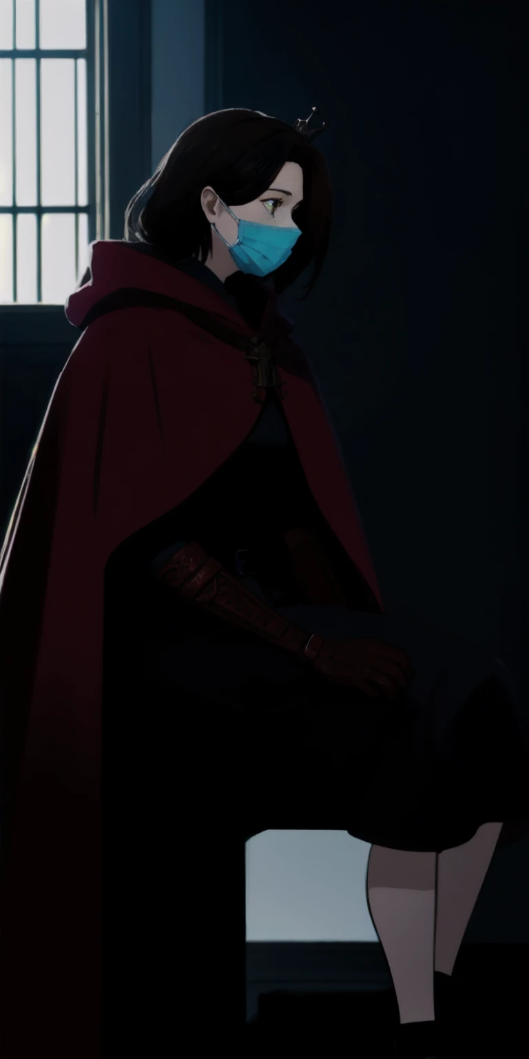 (masterpiece, best quality, absurdness, 4k, aesthetic, detailed, intricate, perfect lighting) cinematic angle, 1sologirl, sitting on throne, elbow rest, castle interior, mask, hood, cape, belt, armor, cloak, red gloves gauntlets, bkcrown
