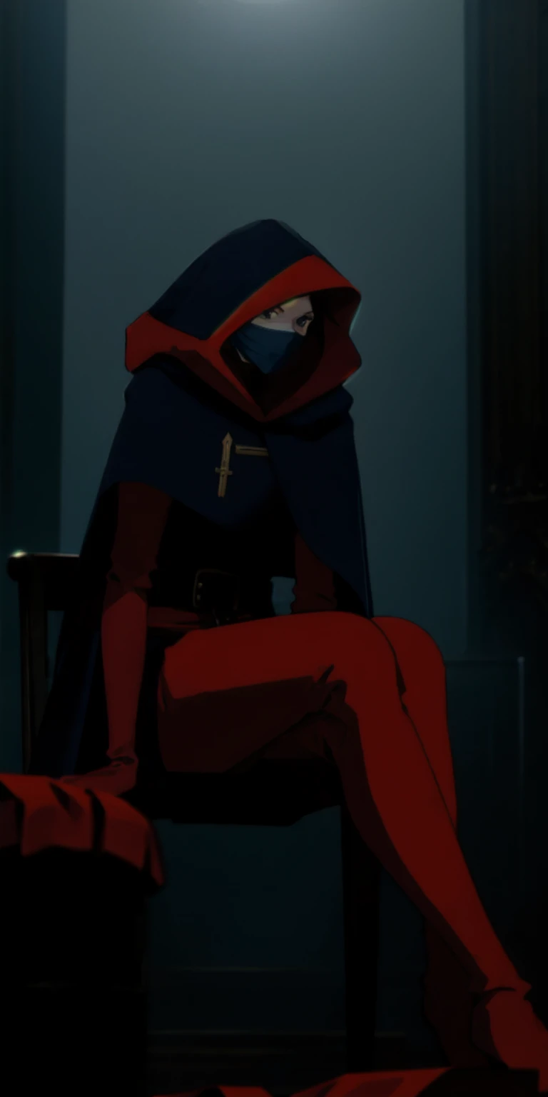 (masterpiece, best quality, absurdness, 4k, aesthetic, detailed, intricate, perfect lighting) cinematic angle, 1sologirl, sitting on throne, elbow rest, castle interior, mask, hood, cape, belt, armor, cloak, red gloves gauntlets, bkcrown