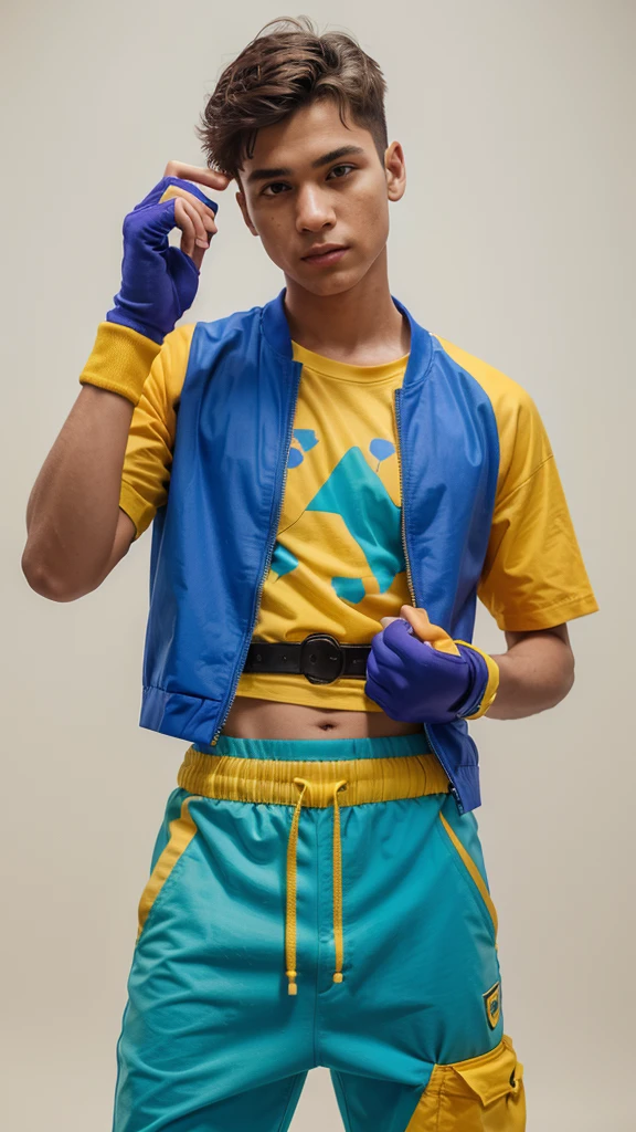 A young man, he has a purple Belt with yellow circles details, he has a dark blue and cyan t-shirt with a green and yellow jumpsuit with blue flowers details on the jumpsuit, he has a blue shorts with orange and an extra long , plus a blue and purple sneaker, The right hand wears an orange glove, realistic, studio photo, white background , vibrant colors, colorful, Looking at the camera 