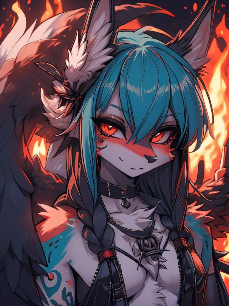 Miku Hatsune, add high definition_detail:1, blue fur,kitsune ears, tribal tattoo add_detail:1, in hell add_detail, batwigns add_detail Fer yokai kitsune add_detail:1