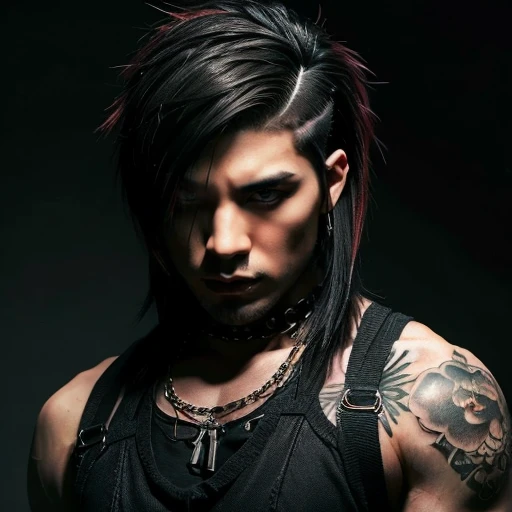 1 man, Japanese man, male, Asian eyes, muscular, broad shoulders, yakuza tattoos, hairstyle Visual Kei style, hair Visual Kei, black men's shirt and black pants, ultra detailed face, hyperrealistic, realistic representation, long hair, long hair, 30 years old, age 30 years, blonde and black hair