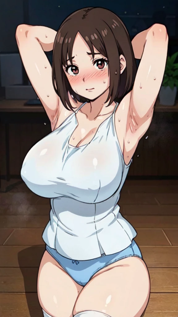 ((Tabletop, Highest quality, High resolution, Pixel Perfect,  4K, Browsing Caution)))、Office Lady、1 Girl, Beautiful woman、((Short Hair、Forehead、Split bangs、Brown Hair)), ((Brown eyes、Beautiful eyelashes, Realistic eyes)), ((Detailed face, blush:1.2)), ((Smooth texture:0.75, Realistic texture:0.65, Realistic:1.1, Anime CG Style))、((Huge breasts、Thick thighs)), Perfect body、Office room at night、Lying on the floor、((((:or、blush))))、((Sweat、Steam from armpits))、(Place your hands behind your head、Underarm)、(((Light blue panties)))、((White dress shirt))