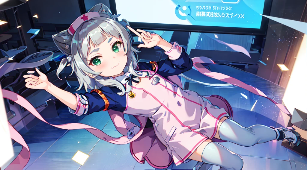 interior,hospital,A girl, alone, green eyes, gray fur, Hair ornaments, hits, Youtuber Virtual, shine, blunt hits, double explosion, animal ears, Lens flare, flat chest,pink nurse uniform,blush, (See your viewers), SMILE, 