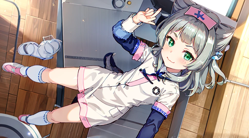 interior,hospital,A girl, alone, green eyes, gray fur, Hair ornaments, hits, Youtuber Virtual, shine, blunt hits, double explosion, animal ears, Lens flare, flat chest,pink nurse uniform,blush, (See your viewers), SMILE, 