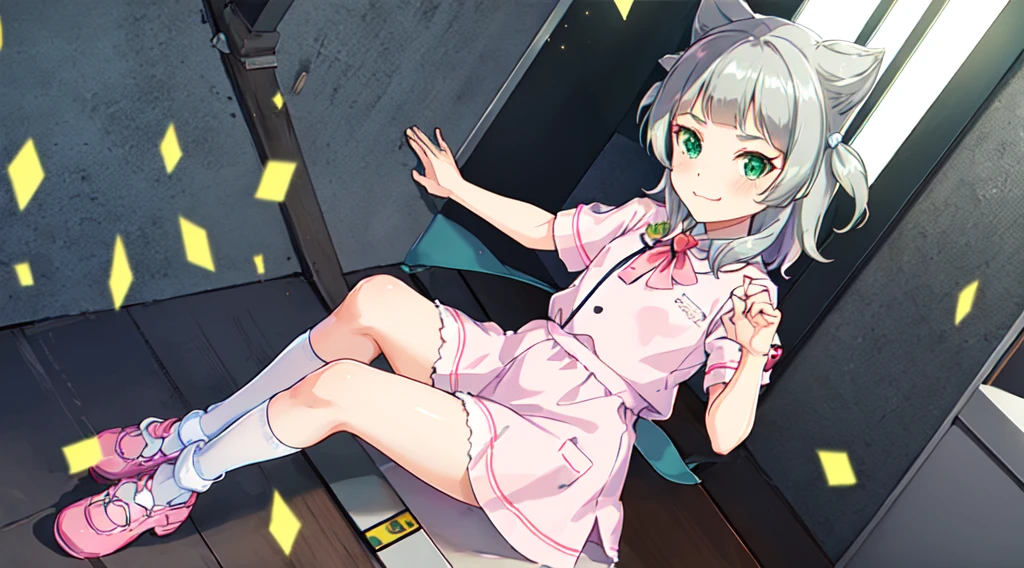 interior,hospital,A girl, alone, green eyes, gray fur, Hair ornaments, hits, Youtuber Virtual, shine, blunt hits, double explosion, animal ears, Lens flare, flat chest,pink nurse uniform,blush, (See your viewers), SMILE, 