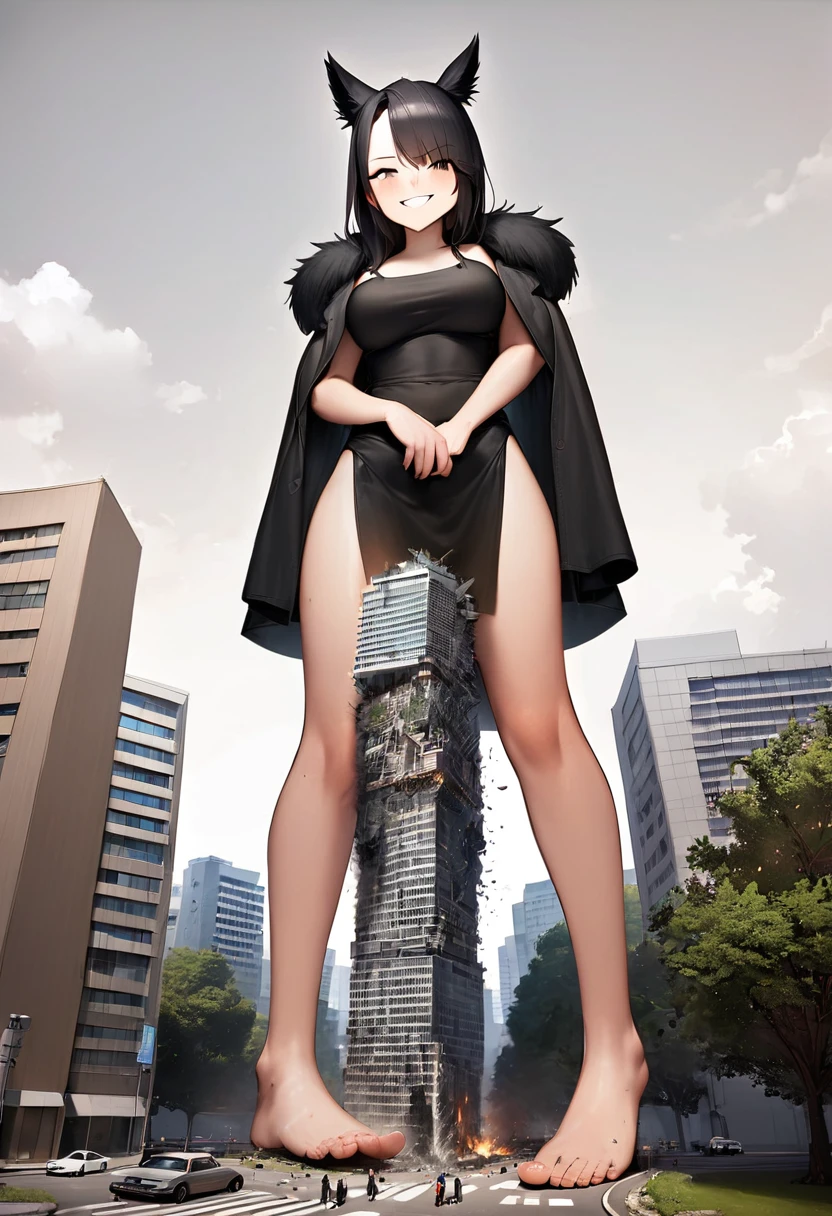 Huge，adolescent，black fur，divide white, sarcastic smile，joke，A giant girl taller than a building., bare legs, bare feet, Barefoot，destroying the city，miniature city，Standing in the city