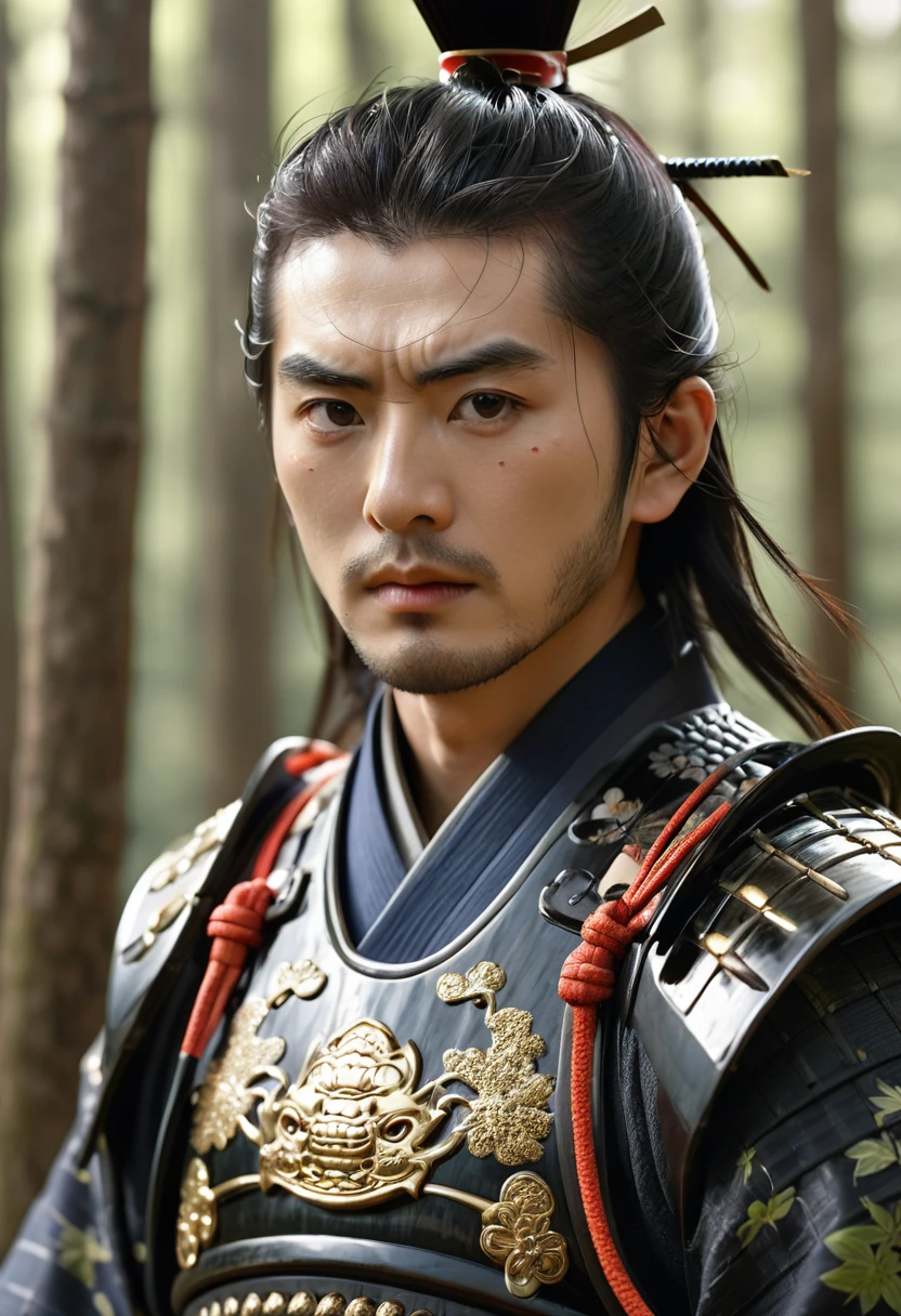 best quality, 8k, very delicate and beautiful, highly detailed face and skin texture, shiny skin, high resolution, japanese samurai stand at forest, sharp focus