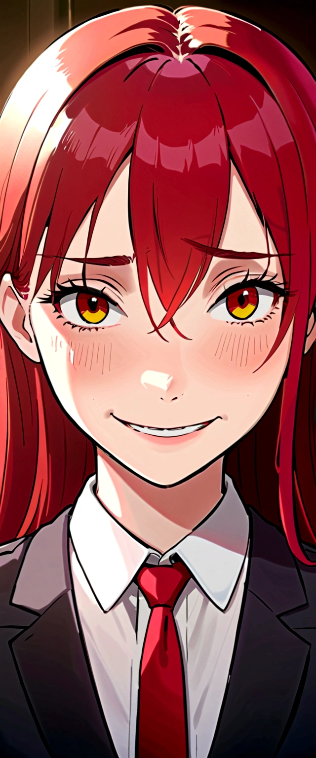 (Masterpiece:1.2, Best Quality), 1 woman, looking towards the viewer, White shirt red tie, medium breasts, Casual, long red hair, minimal makeup, , pale,Natural fabrics, closeup face, ((evil smile)), bright eyes circular pupils,8K high resolution, detailed lines,blurred background,