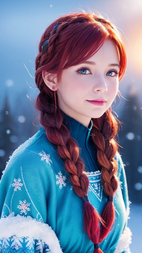 “Create an image of Anna from Disney’s Frozen. She should have her signature red hair styled in two braids, wear a blue and magenta dress, and be set against a snowy backdrop.”
Would you like any specific details added to the prompt?