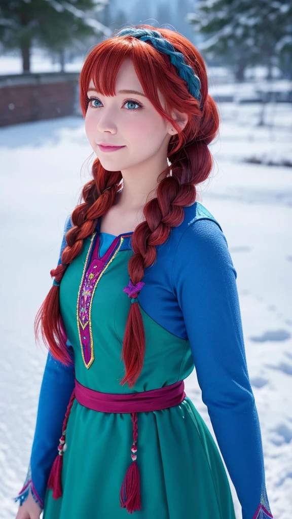 “Create an image of Anna from Disney’s Frozen. She should have her signature red hair styled in two braids, wear a blue and magenta dress, and be set against a snowy backdrop.”

Would you like any specific details added to the prompt?