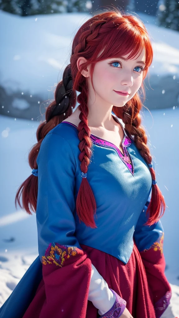 “Create an image of Anna from Disney’s Frozen. She should have her signature red hair styled in two braids, wear a blue and magenta dress, and be set against a snowy backdrop.”

Would you like any specific details added to the prompt?
