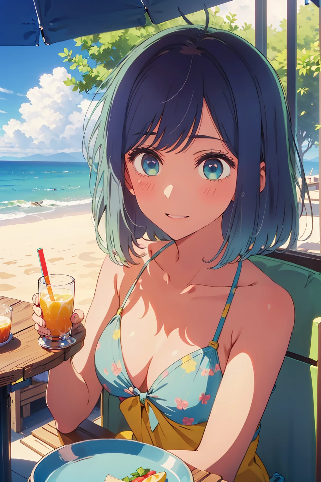 (Highest quality:1.4、masterpiece:1.4、Super detailed:1.4、8K:1.4)、((((1 person、Surprised expression、sit、Outdoor café terrace、coastal、juice、table、Sandy Beach、juiceのグラスを持つ、Big eyes、Very cute face))))、((((Plain Bikini、Shallow depth of field))))、F cup bust、Medium breast