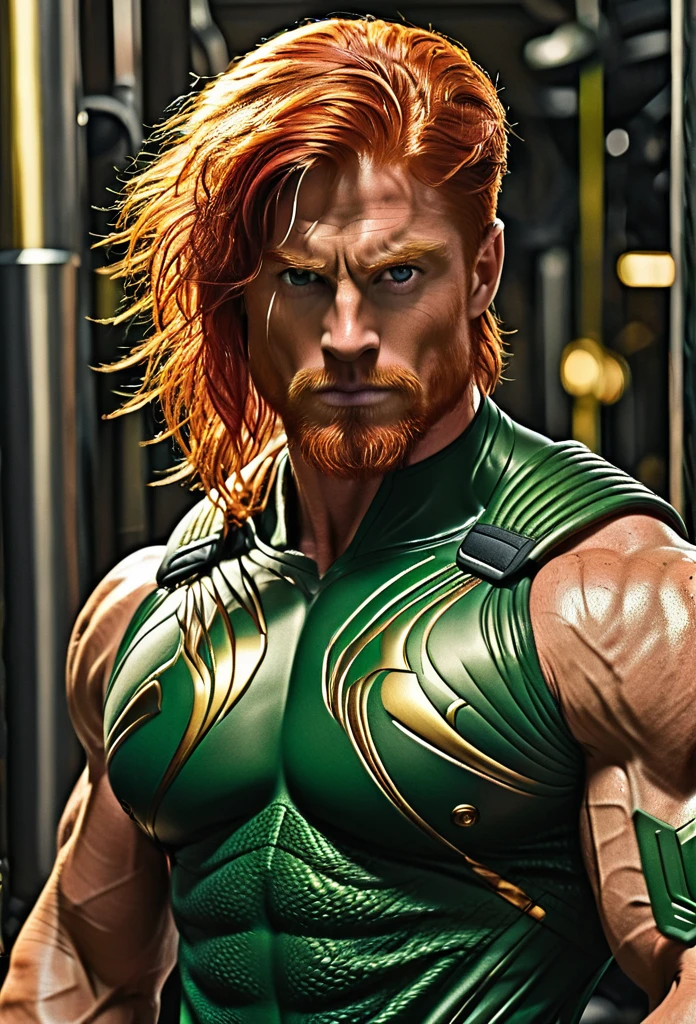 massive muscular, with growth muscle veins, with armor in golden tones and steel,red hair, greeneyes,many veins, huge trapezius muscle,delts growth