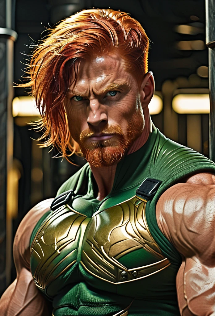  massive muscular, with growth muscle veins, with armor in golden tones and steel,red hair, greeneyes,many veins, huge trapezius muscle,delts growth
