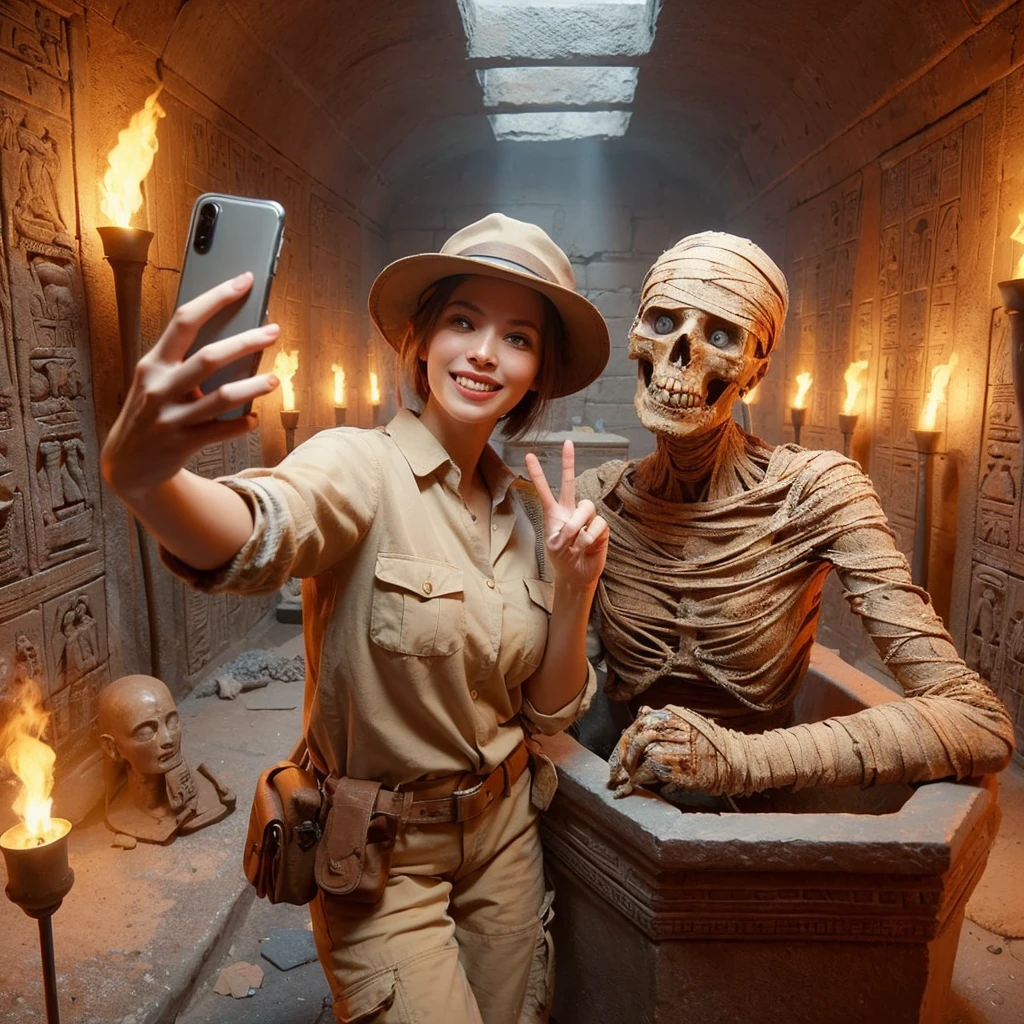 4D hyper realistic scene inside an ancient Egyptian tomb, lit by flickering torches. An beautiful archaeologist in khakis, hat, and boots takes a selfie with a sarcophagus behind them. Next to the archaeologist is an ancient decrepit mummy, smiling with exposed teeth and making a peace sign with its bandaged hand. Detailed textures on walls, sarcophagus, and mummy wrappings.