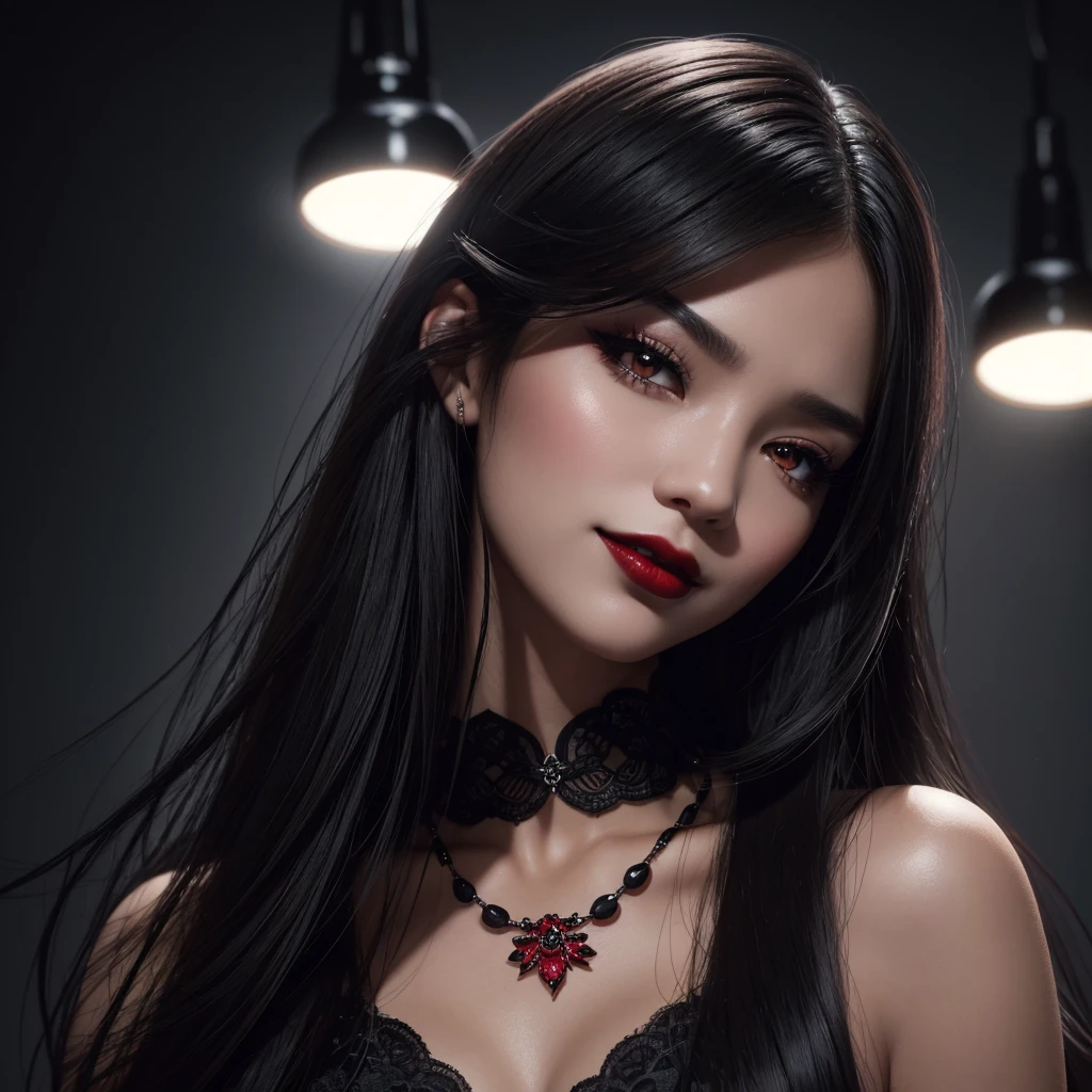 The highest image quality, pending details, ultra-high resolution, (真实感: 1.4), the best illustration, favor details, Highly condensed 1girl, with a delicate and beautiful face, Asian characteristics, long straight hair, Bblack hair, Fair Skin, eyes browns, lips, blush, breasts big, necklase, black gown, make up, black eyeshadow, red lipgloss stick, Um Vampiro, Grinning (best qualityer, ultra details, photorrealistic: 1.39), dark colours, studio lighting, romantic expression, seducer, dark scenery