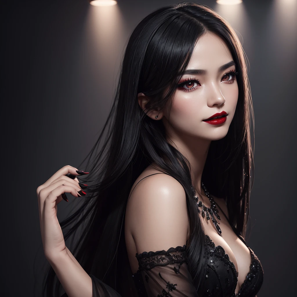 The highest image quality, pending details, ultra-high resolution, (真实感: 1.4), the best illustration, favor details, Highly condensed 1girl, with a delicate and beautiful face, Asian characteristics, long straight hair, Bblack hair, Fair Skin, eyes browns, lips, blush, breasts big, necklase, black gown, make up, black eyeshadow, red lipgloss stick, Um Vampiro, Grinning (best qualityer, ultra details, photorrealistic: 1.39), dark colours, studio lighting, romantic expression, seducer, dark scenery