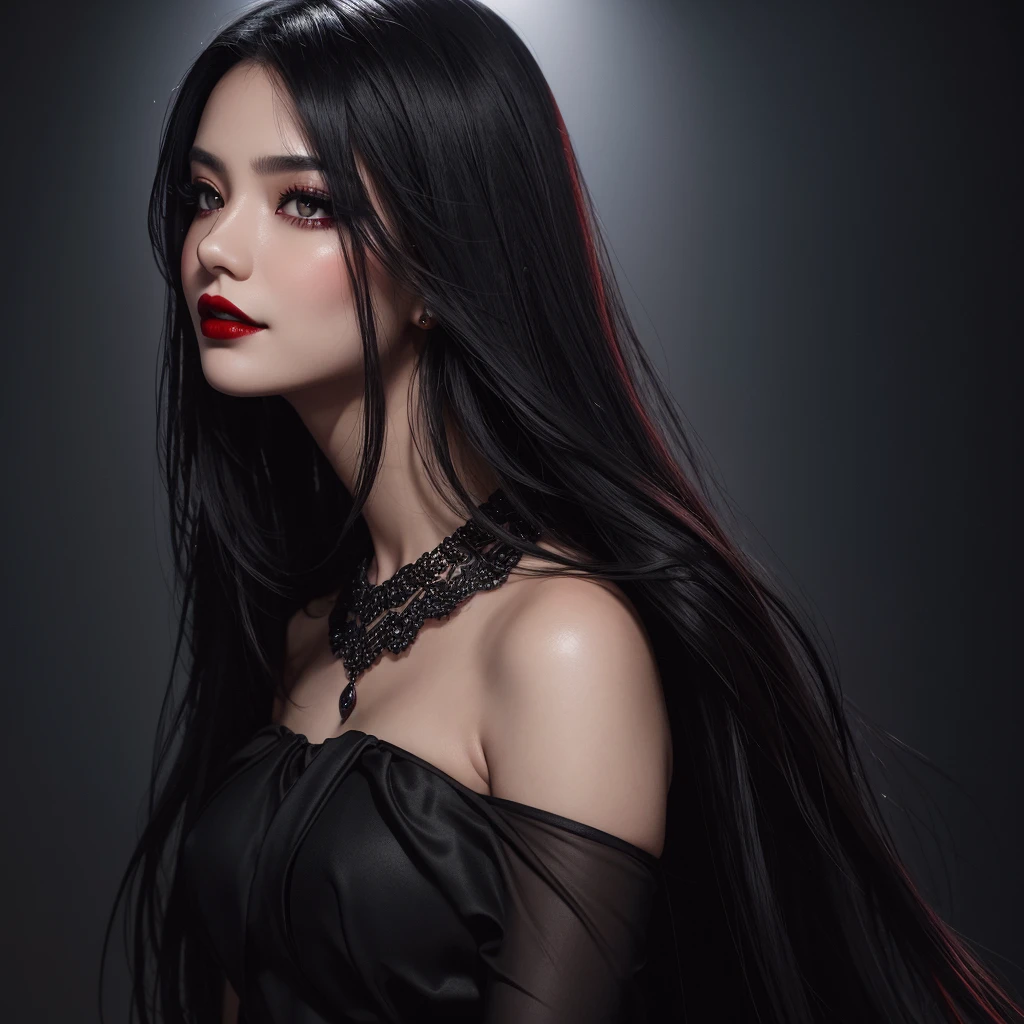 The highest image quality, pending details, ultra-high resolution, (真实感: 1.4), the best illustration, favor details, Highly condensed 1girl, with a delicate and beautiful face, Asian characteristics, long straight hair, Bblack hair, Fair Skin, eyes browns, lips, blush, breasts big, necklase, black gown, make up, black eyeshadow, red lipgloss stick, Um Vampiro, Grinning (best qualityer, ultra details, photorrealistic: 1.39), dark colours, studio lighting, romantic expression, seducer, dark scenery