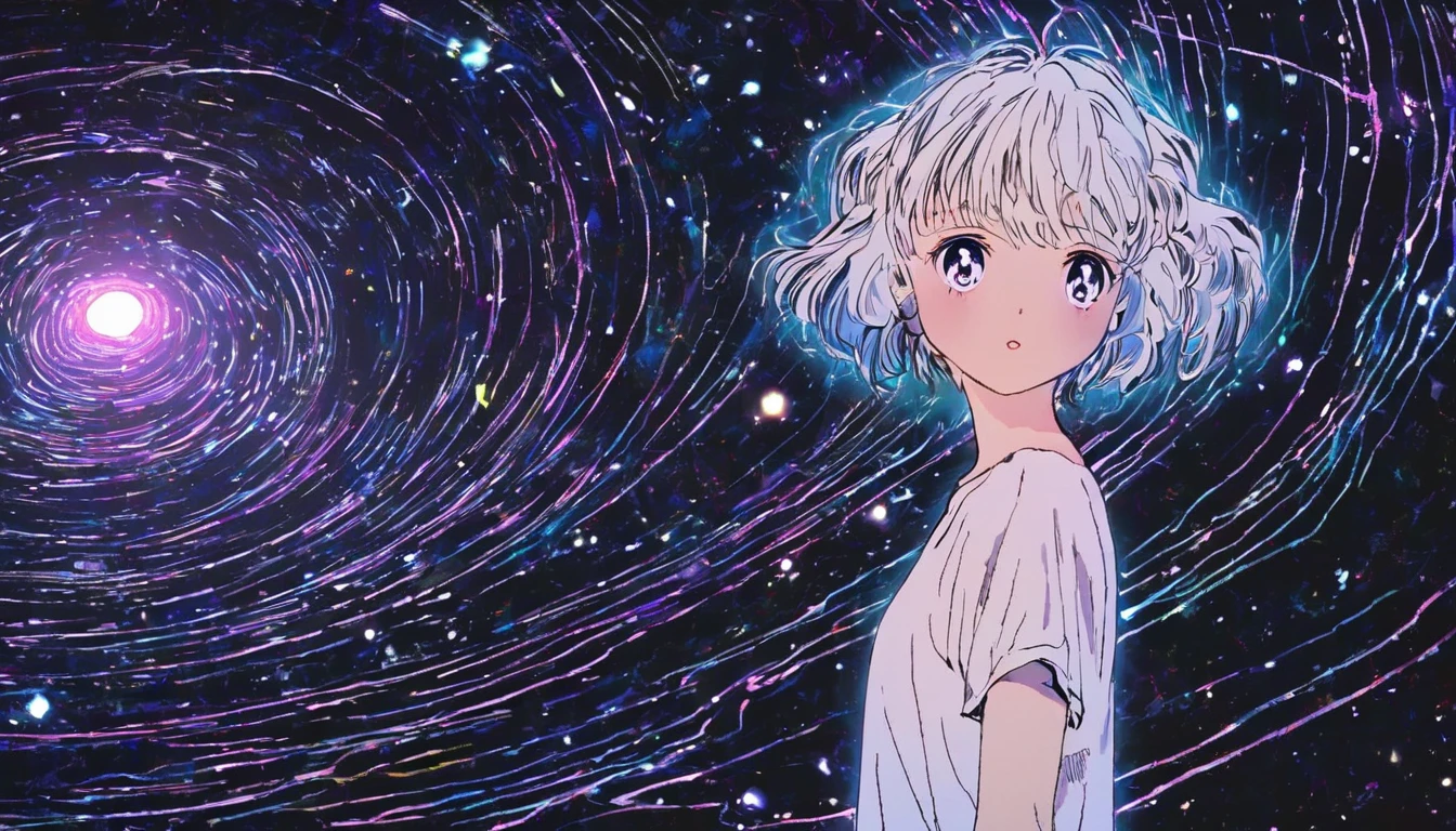 (Highest quality, sketch:1.2), Spectacular and realistic,(Super detailed support),Illustrator,anime,1 Girl, Detailed lips,custom, Gradient Background,Neon Hair,Texture Cropping, masterpiece, anime, Woman standing and staring at a black hole, Fantasy World, Talked about at the art station, Space Art, dreamy psychedelic anime, beautiful anime scene, anime epic artwork. anime, Photo Image Pose, average length