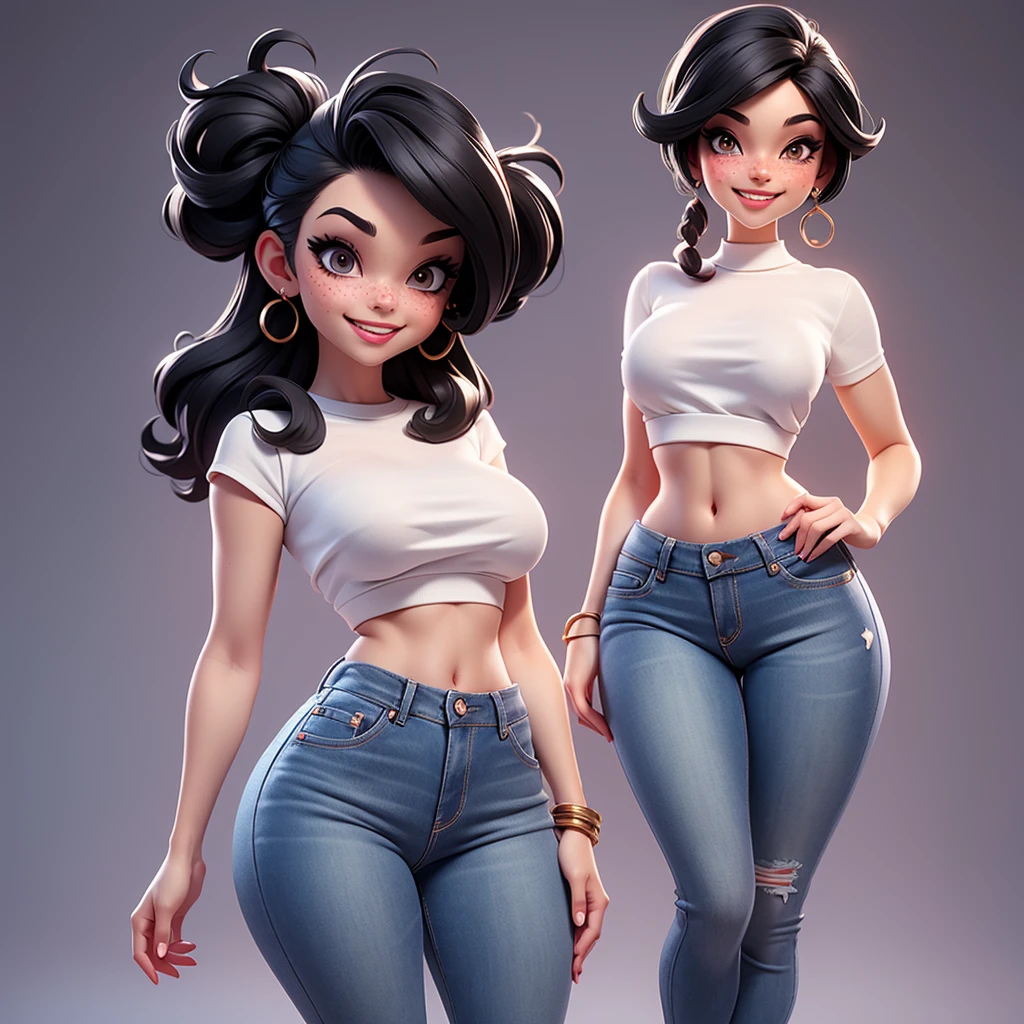  A sexy cartonn woman in jeans and white crop top posing gracefully for a photo, beauty in jeans, wavy black hair, Waist slender, sexy girl, mulher de corpo inteiro, wearing jeans, beautiful seductive woman, slender figure, cartoon vector style, corpo pin-up, Broad Hips