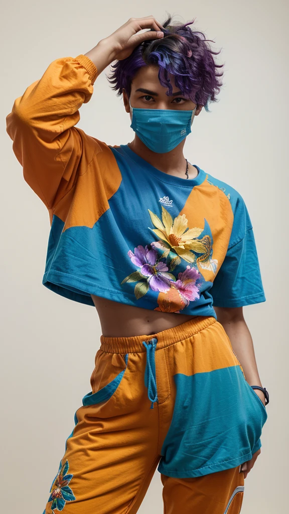 A young man, he has a purple afro hair, a orange flower mask, he has a dark blue and cyan t-shirt with a green and yellow jumpsuit with blue flowers details on the jumpsuit, he has a blue shorts with orange and an extra long , plus a blue and purple sneaker, The right hand wears an orange glove, realistic, studio photo, white background , vibrant colors, colorful, Looking at the camera 
