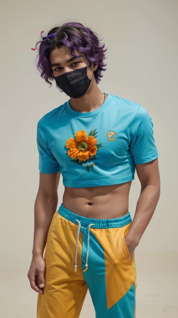 A young man, he has a purple afro hair, a orange flower mask, he has a dark blue and cyan t-shirt with a green and yellow jumpsuit with blue flowers details on the jumpsuit, he has a blue shorts with orange and an extra long , plus a blue and purple sneaker, The right hand wears an orange glove, realistic, studio photo, white background , vibrant colors, colorful, Looking at the camera
