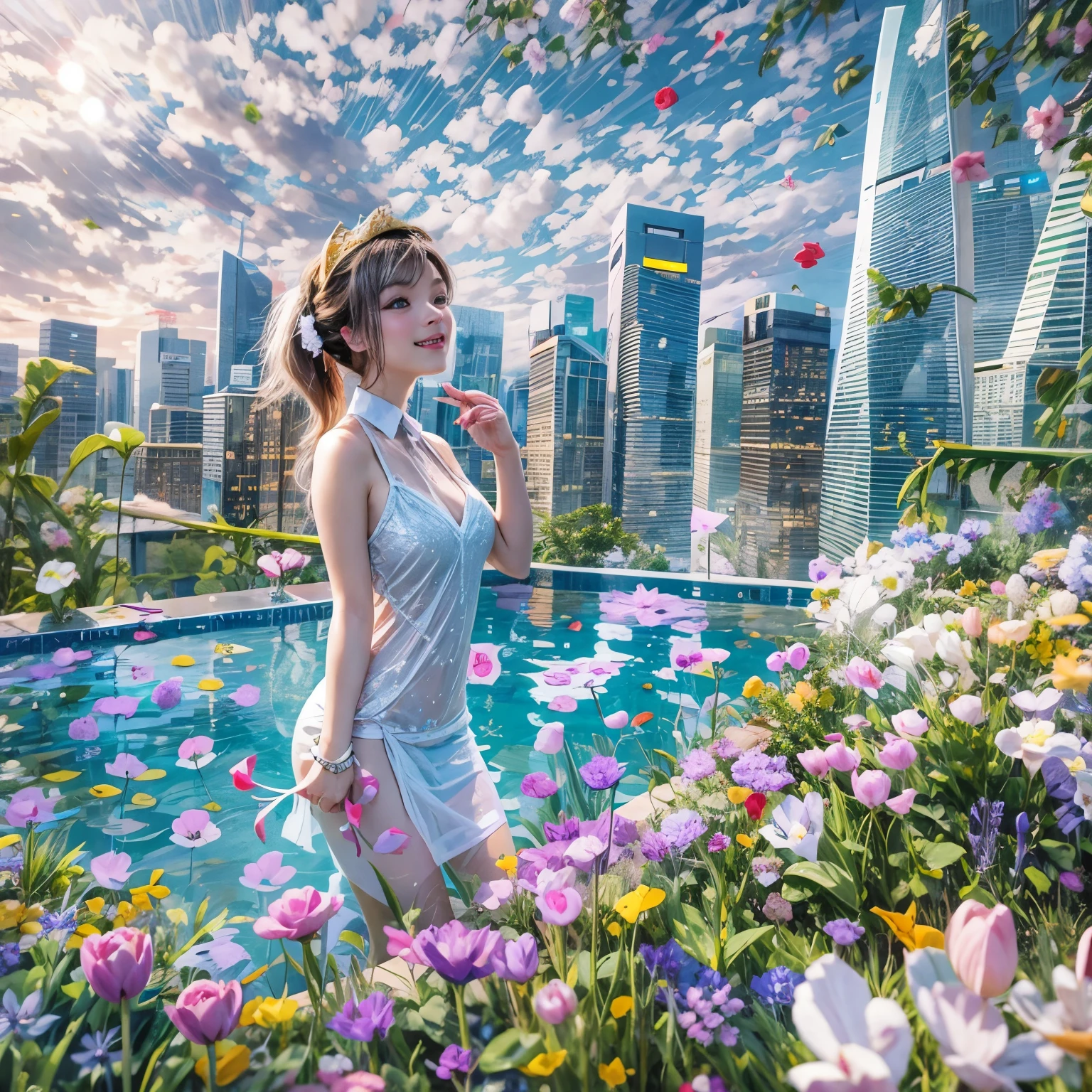 BloodRed, White in Pearly RainbowColors,ExtremelyDetailed(ProfessionalPhoto of Girl Floating in the Sky:1.37)ZoomLayer{Stunning|Mystic|GodRays|Haze}, 57th floor infinity pool in the urban forest. (Masterpiece 8K TopQuality:1.2)(ExtremelyDetailed NOGIZAKA face:1.37) ElaboratePupil with (SparklingHighlights:1.28) DoubleEyelids with Voluminous LongEyelashes PUNIPUNI RosyCheeks (Joyful Expressions LifeLike Rendering) MotionBlur  BREAK  (Acutance:0.77) PUNIPUNI Radiant Impeccable PearlSkin with Transparency White(Skinny SchoolSwimwear) {(HiddenHand)|((Corrected BabyLike Hand))} Whole Body Proportions and all limbs are Anatomically Accurate, {Carnation|Tulips|(Rose)} [FlowerWreath WrappedBody Full of Flowers Covering girl's body] {((Dazzling RainbowColorHorizon))|ColorfulSky|ColoredClouds|Starly RainbowColor Particles}(extra limbs:-1.4)(Not Detailed Face:-1.37)(Not Detailed Hand:-1.28), Drawing infinity pool reference to the rooftop of Marina Bay Sands