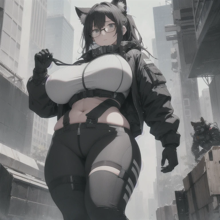 Absurd resolution,high resolution,(masterpiece: 1.4),hyper-detail,fullbody shot,head to toe,full frontal camera perspective,solo,shorter,standing,glasses,kemono feline cat futanari, puffy inverted nipple silhouette,no skin other than neck and head shown,watertight pilot suit with groin padding,black hair,messy ponytail,cute face,detailed soft grey luminous eyes,huge massive hyper super swollen heavy milky breasts,breasts so big that cover her whole torso and are bigger than her head while being so big they reach her bellybutton,extremely super large swollen perky heavy bust,super huge enormously gigantic tits,gigantic breasts stretching/straining out of her outfit looking like they are about to burst out,breasts compressed squishing barely contained in outfit,inflated breasts,breast_expansion,super gigantic swollen heavy tits,wide full hips,narrower torso and shoulders,smaller torso,narrower waist,full thicc big soft thighs,thicc big full thighs,big rounded full soft butt,thicc butt,ruggedized utility styled outfit,fully insulated suit,full body outfit coverage with no skin showing or revealed,airtight/watertight zippers and seals,scifi monochrome black and grey fullbody covering protective padding rugged loose-fitted pilot utility suit with strategically placed protective padding,white zipped utility cropped top for breasts support with a black strap horizontal across cleavage worn on top of suit,tactical strategic angular-patterned protective padding on hips and thighs and abdomen,practical/functional clothing,weather-proof durable clothing material,nylon clothing material,custom made clothing to fit and support large breasts,scifi padded rugged rigid high collar cropped cutout fitted techwear jacket,armored high collar,white and black triangular decals and techwear iconography on apparel and clothing,techwear gloves,ruggedized tech,ruggedized tech aesthetic,fitted utility pants,utility chaps,near future scifi,cyberpunk aesthetic,anime aesthetic,tactical aesthetic