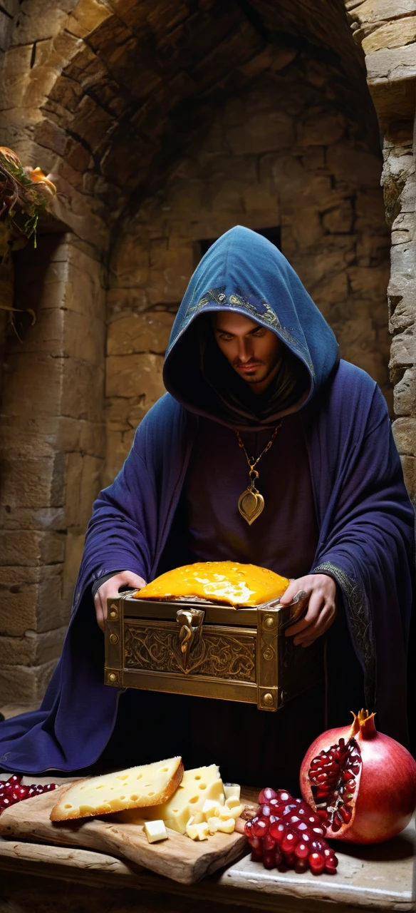 In an ancient castle’s hidden room, a golden chest spills forth exotic foods—a pomegranate, aged cheese, grapes, and crusty bread. A hooded sorcerer channels dark magic, drawing a fallen warrior’s soul into the chest. The boundary between life and death blurs.