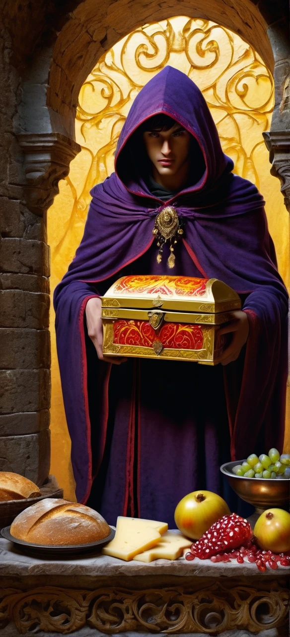 In an ancient castle’s hidden room, a golden chest spills forth exotic foods—a pomegranate, aged cheese, grapes, and crusty bread. A hooded sorcerer channels dark magic, drawing a fallen warrior’s soul into the chest. The boundary between life and death blurs.