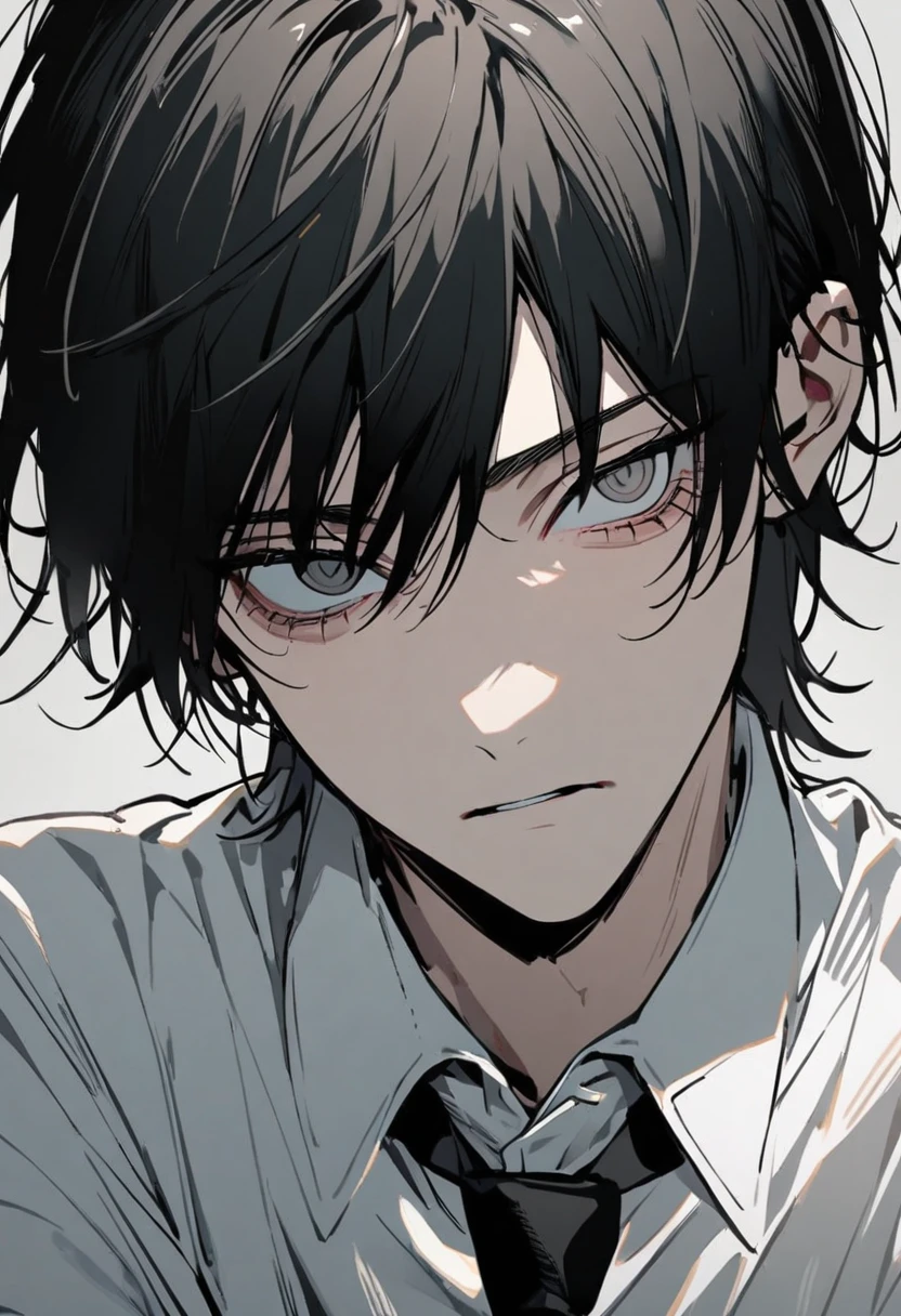 1 boy in chainsaw man style, Bblack hair, gray eyes,white blouse with a black tie, tilted face, gazing at viewer