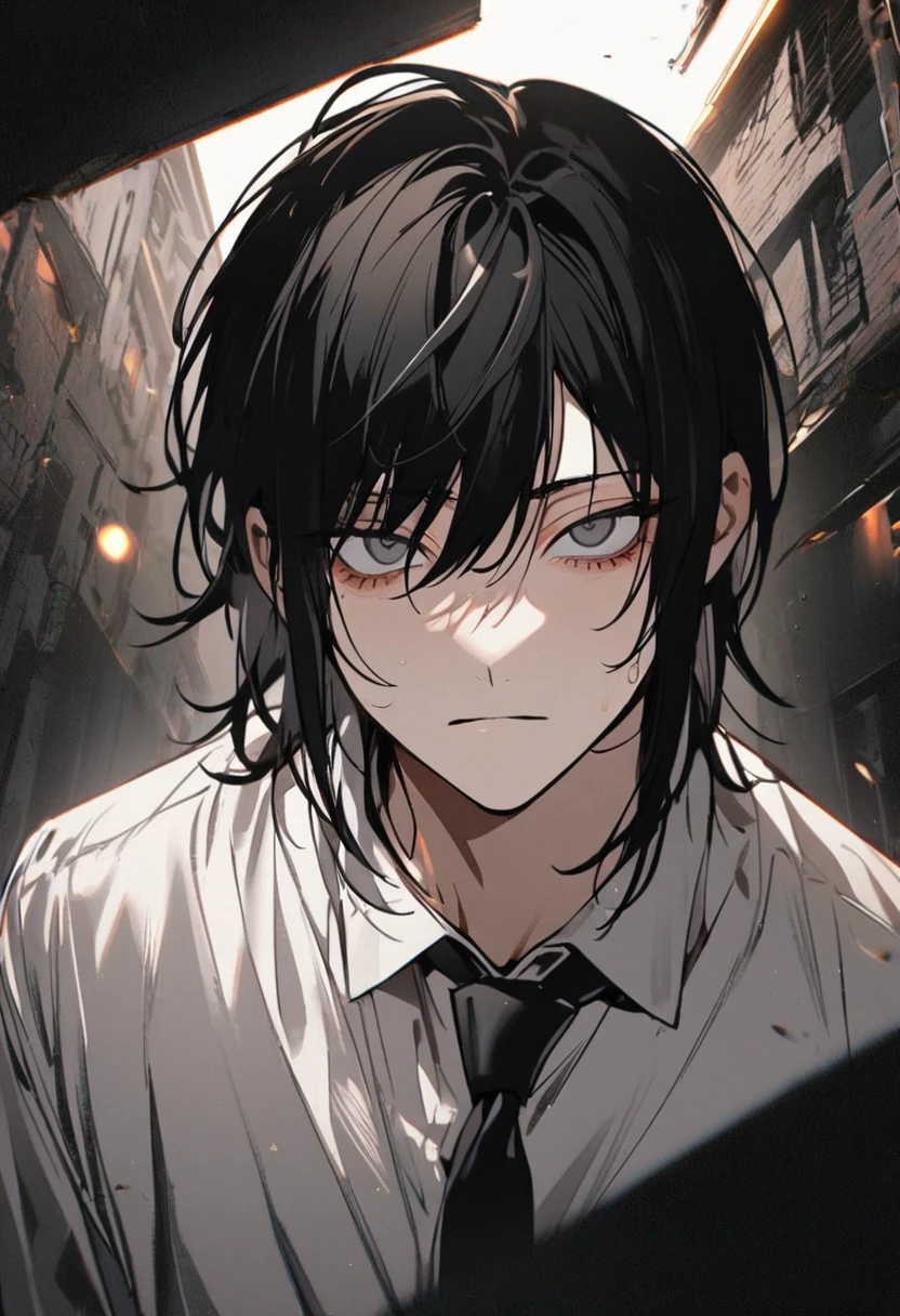 1 boy in chainsaw man style, Bblack hair, gray eyes,white blouse with a black tie, tilted face, gazing at viewer
