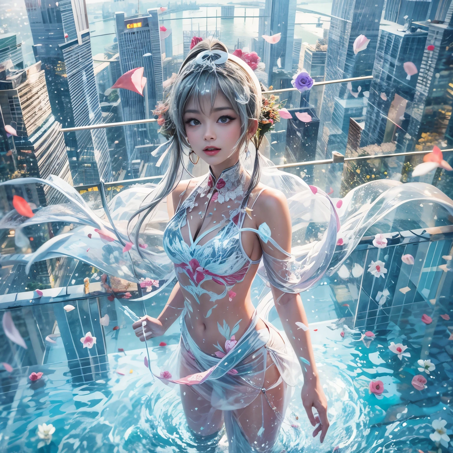 BloodRed, White in Pearly RainbowColors,ExtremelyDetailed(ProfessionalPhoto of Girl Floating in the Sky:1.37)ZoomLayer{Stunning|Mystic|GodRays|Haze}, 57th floor infinity pool in the urban forest. (Masterpiece 8K TopQuality:1.2)(ExtremelyDetailed NOGIZAKA face:1.37) ElaboratePupil with (SparklingHighlights:1.28) DoubleEyelids with Voluminous LongEyelashes PUNIPUNI RosyCheeks (Joyful Expressions LifeLike Rendering) MotionBlur  BREAK  (Acutance:0.77) PUNIPUNI Radiant Impeccable PearlSkin with Transparency White(Skinny SchoolSwimwear) {(HiddenHand)|((Corrected BabyLike Hand))} Whole Body Proportions and all limbs are Anatomically Accurate, {Carnation|Tulips|(Rose)} [FlowerWreath WrappedBody Full of Flowers Covering girl's body] {((Dazzling RainbowColorHorizon))|ColorfulSky|ColoredClouds|Starly RainbowColor Particles}(extra limbs:-1.4)(Not Detailed Face:-1.37)(Not Detailed Hand:-1.28), Drawing infinity pool reference to the rooftop of Marina Bay Sands