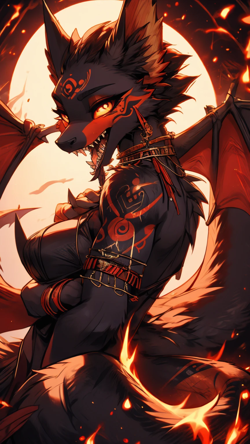 bat fruit girl add high definition_detail:1, blue fur, tribal tattoo add_detail Ferocious fangs, sharp teeth, Yokai kitsune, long snake tongue add_detail:1