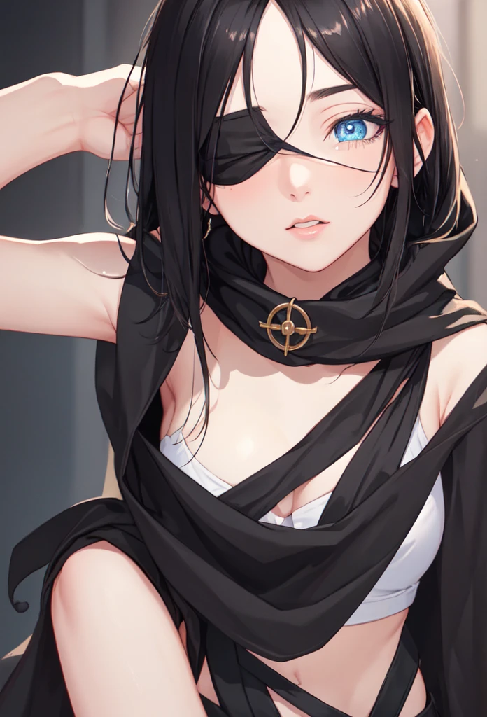 man, sasuke, black hair, straight hair, BREAK cape covering the body, scarf around the neck, blindfold BREAK (masterpiece: 1.2), best quality, high resolution, 8k unity wallpaper, (illustration: 0.8), (beautiful detailed eyes: 1.6), extremely detailed face, perfect lighting, extremely detailed CG, (perfect hands, perfect anatomy),