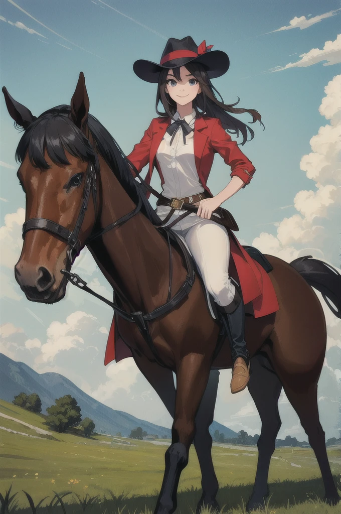 (masterpiece, Highest quality:1.2), alone, One girl, Big horse, smile, View your viewers, Hat Adjustment, Have, Horse&#39;s ears, White jacket, Ascot, Cape, One-handed gloves, White gloves, Shorts, Horse tail 