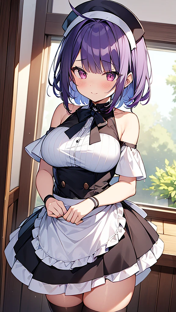 最high quality, high quality, Super detailed, 32k, Ultra-detailed details, Sister and maid, (only, Standing, pretty girl, beautiful purple hair, short hair, Beautiful RED eyes, mature, Big Breasts, A light smile, Off-the-shoulder sleeveless Summer メイド服, Summer casual maid clothes, Short skirt, Blue and white color striped underwear, Black knee socks, loafers, My crotch is wet with love juice, 18-year-old,cute), {{ターゲットの男の妹,The succubus infiltrates the mansion, peels the skin off her sister's face, replaces it with her own, and puts on a maid outfit with her sister's face, lifting her skirt to show her underwear., Mature body and sister's face}, She has transformed from a shy maid into a lewd one., A maid with her sister's face stuck on her face is vigorously pistoning her body, A maid who moves her body vigorously without caring if her breasts bounce, Super detailed, indoor, Full body image, ((Head to Toe:1.3)), NSFW