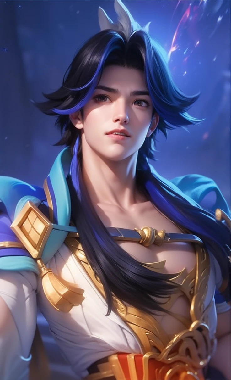 A young man about 20 years old, the guy is a gladiator, The young man is a hero, short colored hair chestnut, behind is a very long ponytail tied in a centipede, handsome and masculine young face, flawless handsome face, brown eyes, black pupils, On the forehead is wrapped a red belt, around the neck is a red cloth, On pieces of cloth there are ancient characters, extremely toned chest and abdominal muscles, wearing a pair of orange-yellow pants, On each arm of the boy there are 3 large bracelets and those are the boy's weapons, 8k photo, super high quality, super realistic, 10x super pixels, actual photo, dark studio, border light, two-tone lighting color, (high detail skin: 1.2), 8k ultra, soft light, high quality, volumetric light, candid, Photo, high resolution, light, best photo, 4k quality, 8k, bokeh, Smooth and sharp, 10x pixelated, (galaxy: 1.7), aurora, lightning, super graphics, most realistic graphics, 1 boy, alone, solo, Extremely sharp, surreal image, frontal portrait,"