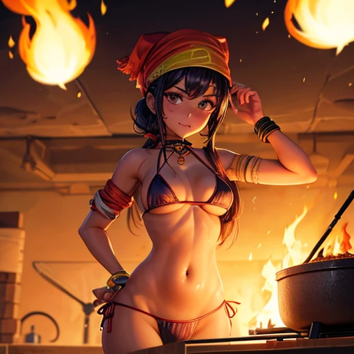 Build a tandoor oven Gal girl in micro bikini Wearing a bandana Burning Fire