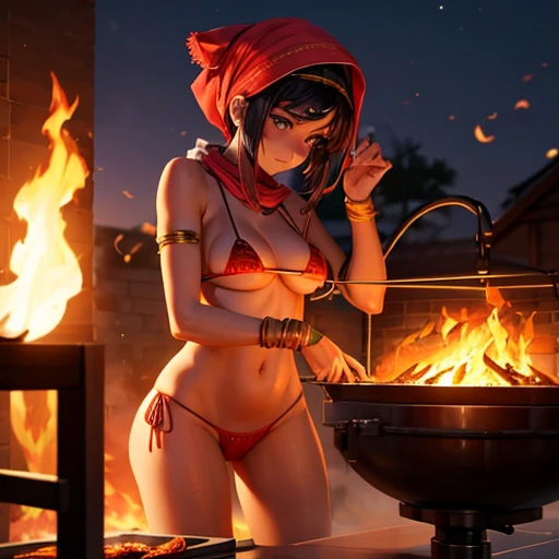 Build a tandoor oven　Gal girl in micro bikini　Wearing a bandana　Burning Fire　　