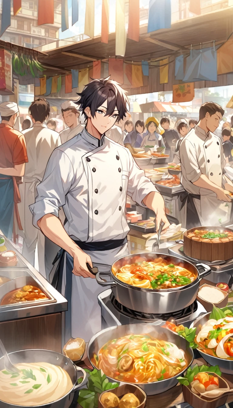 "Handsome young man with dark hair, Professional chef wearing costume, Standing at a bustling food stall. He is concentrating、I cook delicious food well, There are many people around him.々Cooking utensils and ingredients are lined up. The background features a bustling market scene and other food stalls., Colorful Signs, And people waiting for food々Flock of, Highlighting dedication and expertise in the culinary arts."
