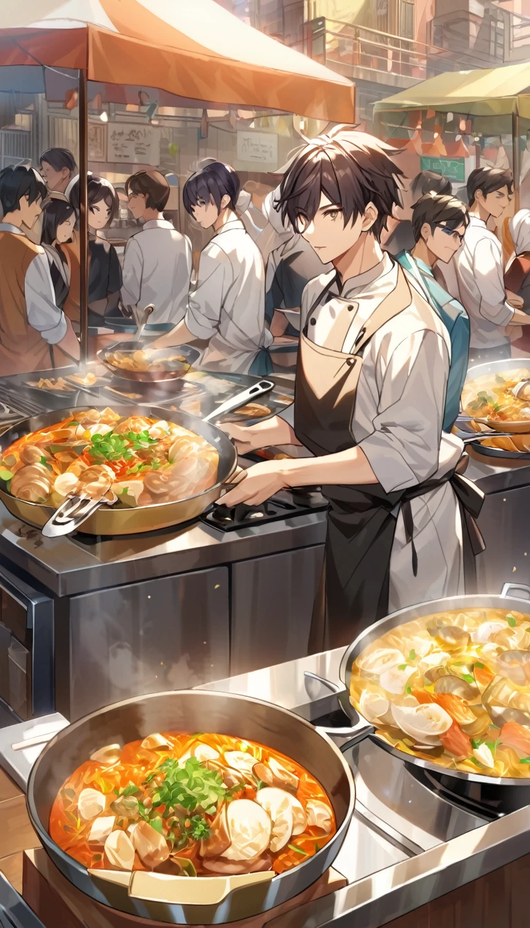 "Handsome young man with dark hair, Professional chef wearing costume, Standing at a bustling food stall. He is concentrating、I cook delicious food well, There are many people around him.々Cooking utensils and ingredients are lined up. The background features a bustling market scene and other food stalls., Colorful Signs, And people waiting for food々Flock of, Highlighting dedication and expertise in the culinary arts."
