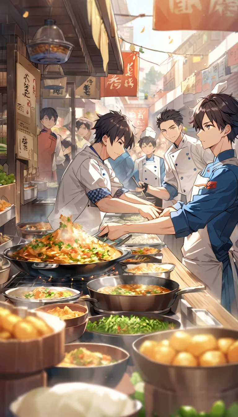 "Handsome young man with dark hair, Professional chef wearing costume, Standing at a bustling food stall. He is concentrating、I cook delicious food well, There are many people around him.々Cooking utensils and ingredients are lined up. The background features a bustling market scene and other food stalls., Colorful Signs, And people waiting for food々Flock of, Highlighting dedication and expertise in the culinary arts."
