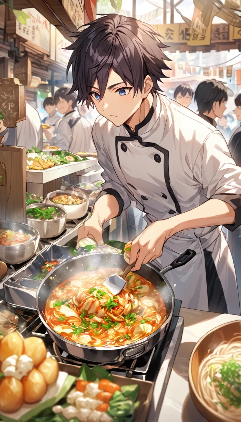 "Handsome young man with dark hair, Professional chef wearing costume, Standing at a bustling food stall. He is concentrating、I cook delicious food well, There are many people around him.々Cooking utensils and ingredients are lined up. The background features a bustling market scene and other food stalls., Colorful Signs, And people waiting for food々Flock of, Highlighting dedication and expertise in the culinary arts."
